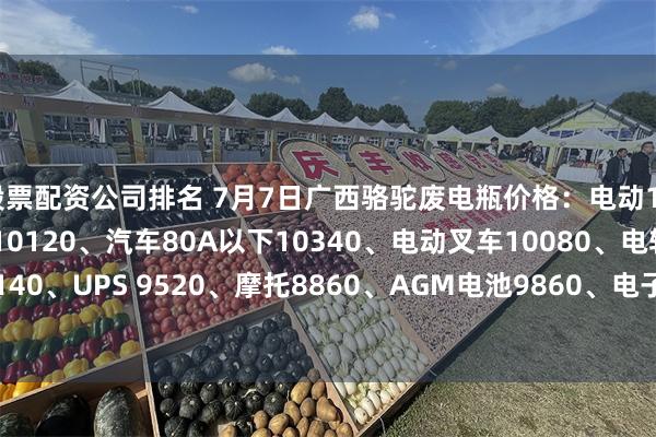 股票配资公司排名 7月7日广西骆驼废电瓶价格：电动10090、汽车80A以上10120、汽车80A以下10340、电动叉车10080、电轿9910、牵引10140、UPS 9520、摩托8860、AGM电池9860、电子秤6920。（单位：元/吨）（含3%增值税）